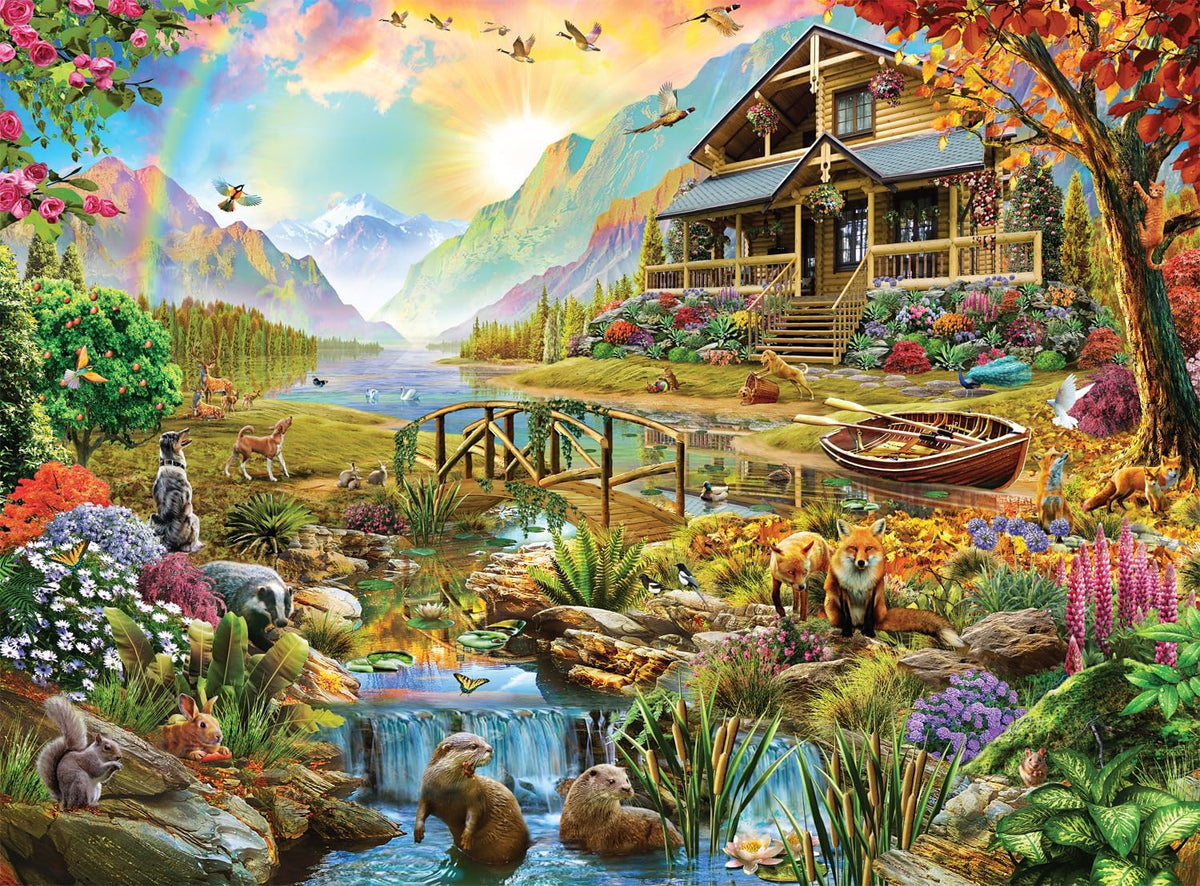 Buffalo Games Adrian Chesterman cabin and river scene artwork for cozy solving