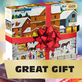 Buffalo Games Cauldwell's Country Store recycled chipboard supports eco-friendly puzzling.