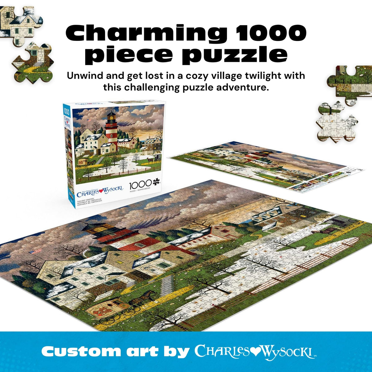 Buffalo Games Twilight Sentinel coastal village at twilight for cozy puzzling
