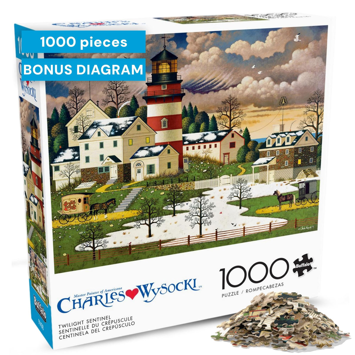 Buffalo Games Twilight Sentinel lighthouse at dusk for a calming puzzle session