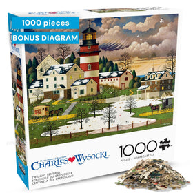 Buffalo Games Twilight Sentinel lighthouse at dusk for a calming puzzle session