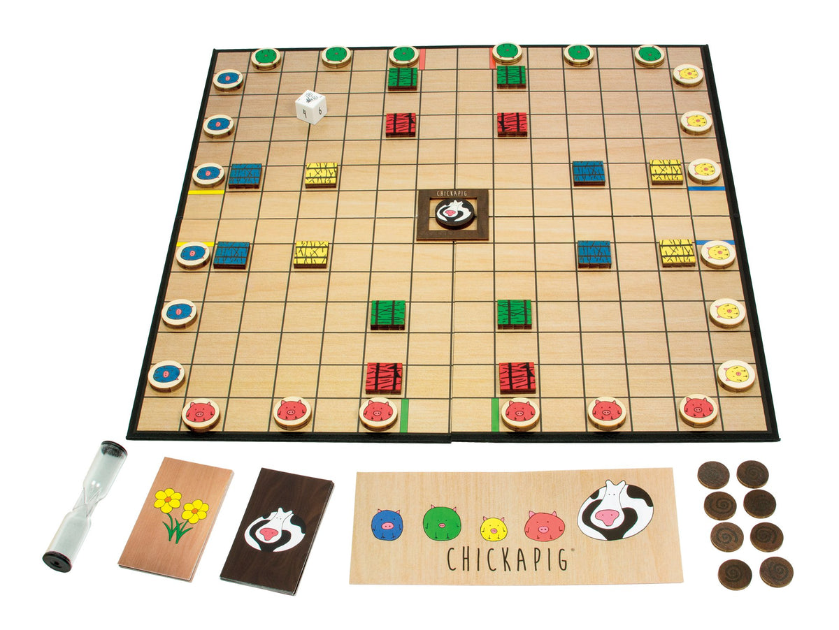 Buffalo Games Chickapig figures in action during a strategic round with friends.