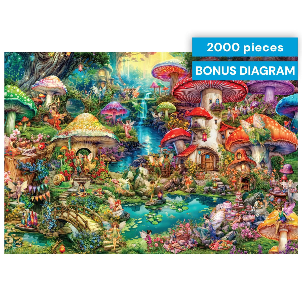 Buffalo Games Merry Mushroom Village Picnic completed puzzle makes a striking display piece.