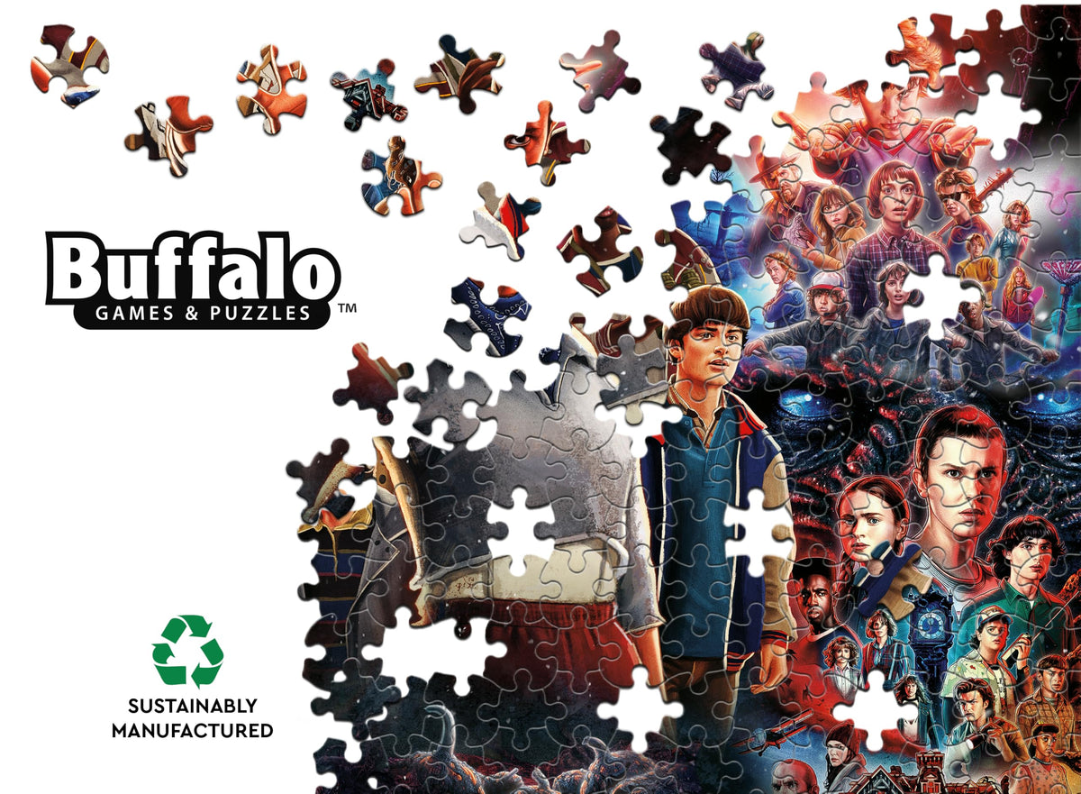 Buffalo Games detailed artwork offers colorful scenes across Stranger Things seasons.