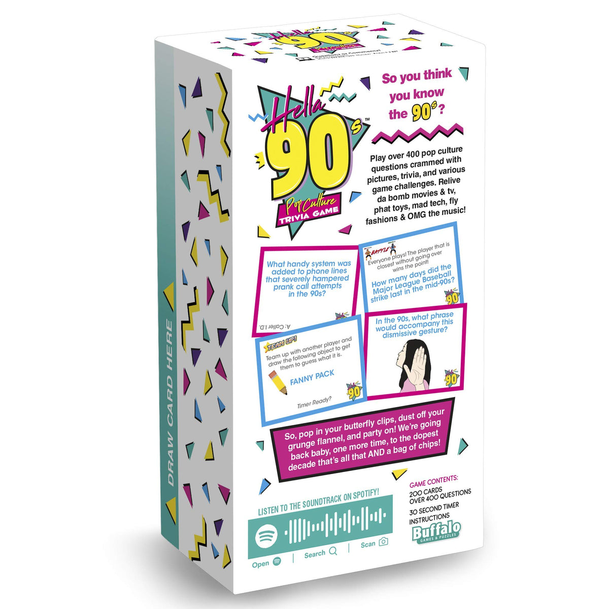 Buffalo Games Hella 90's cards spread shows 400+ questions for variety.