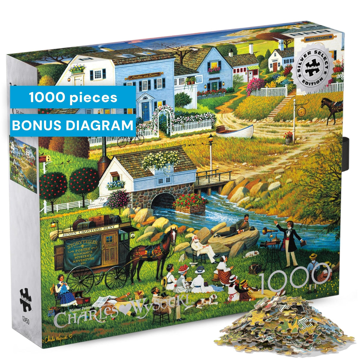 Buffalo Games Hound of the Baskervilles puzzle front view with cottages and stream for a cozy night