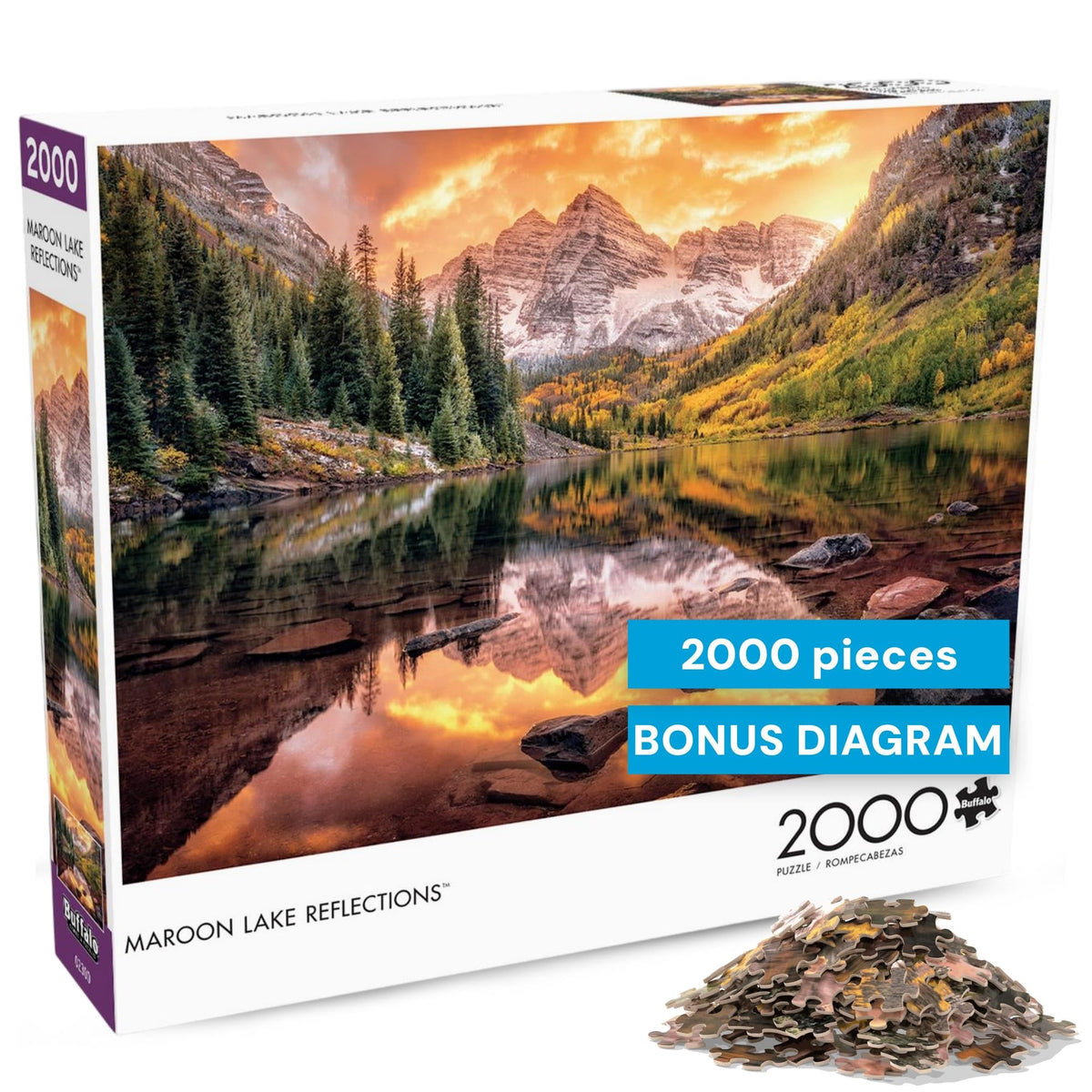 Buffalo Games Maroon Lake Reflections puzzle with alpine sunrise; calming focus during mindful building.
