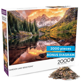 Buffalo Games Maroon Lake Reflections puzzle with alpine sunrise; calming focus during mindful building.