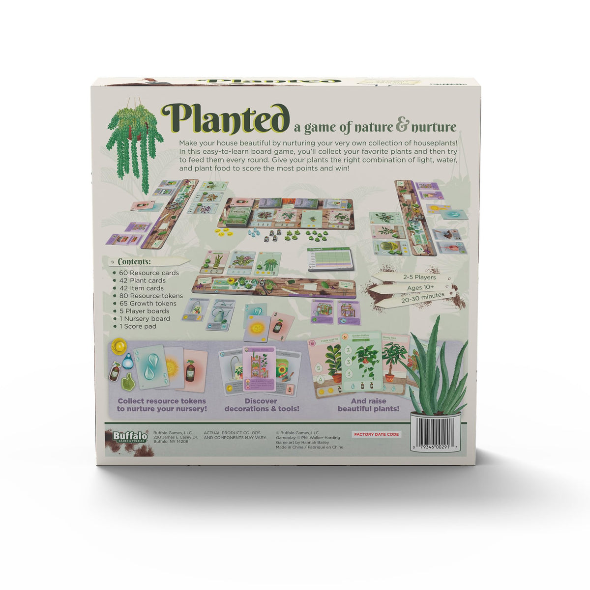 Buffalo Games Planted resource tokens include water drops and sun chips for planning.