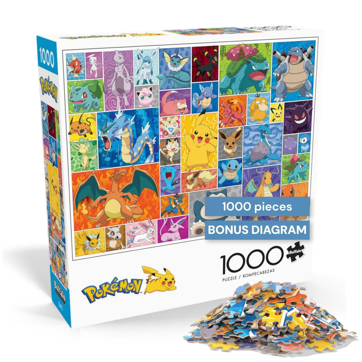 Buffalo Games Pokemon Frames collage puzzle shows vibrant framed portraits for family game nights