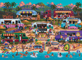 Buffalo Games PunFuzzles Hawaiian beach scene puzzle highlights colorful vendors for immersive play