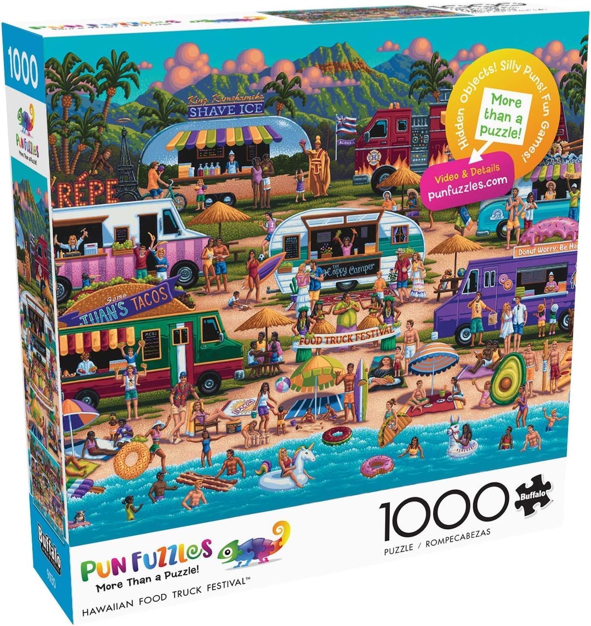 Buffalo Games PunFuzzles Hawaiian Food Truck Festival puzzle shows vibrant festival scene for a relaxing family night