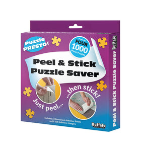 Buffalo Games Puzzle Presto peel-stick sheets enable quick puzzle preservation.