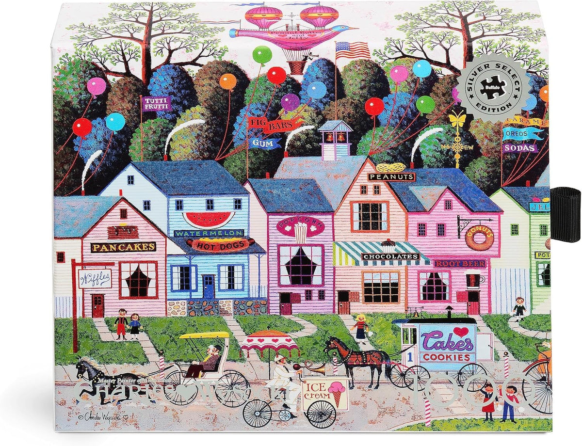 Buffalo Games Silver Select Confection Street puzzle box in giftable packaging