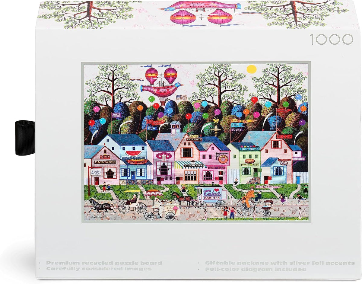 Vibrant Charles Wysocki artwork on Confection Street for puzzle night