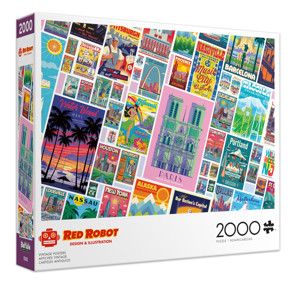 Buffalo Games Vintage Posters puzzle box front showing colorful travel ads for relaxing evenings.