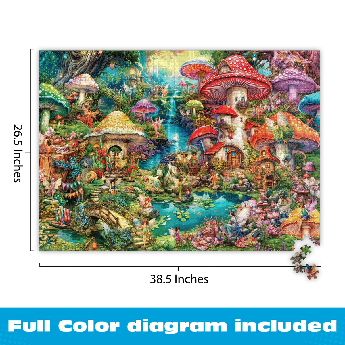 Buffalo Games Merry Mushroom Village Picnic winding streams and lantern paths invite relaxed puzzling.