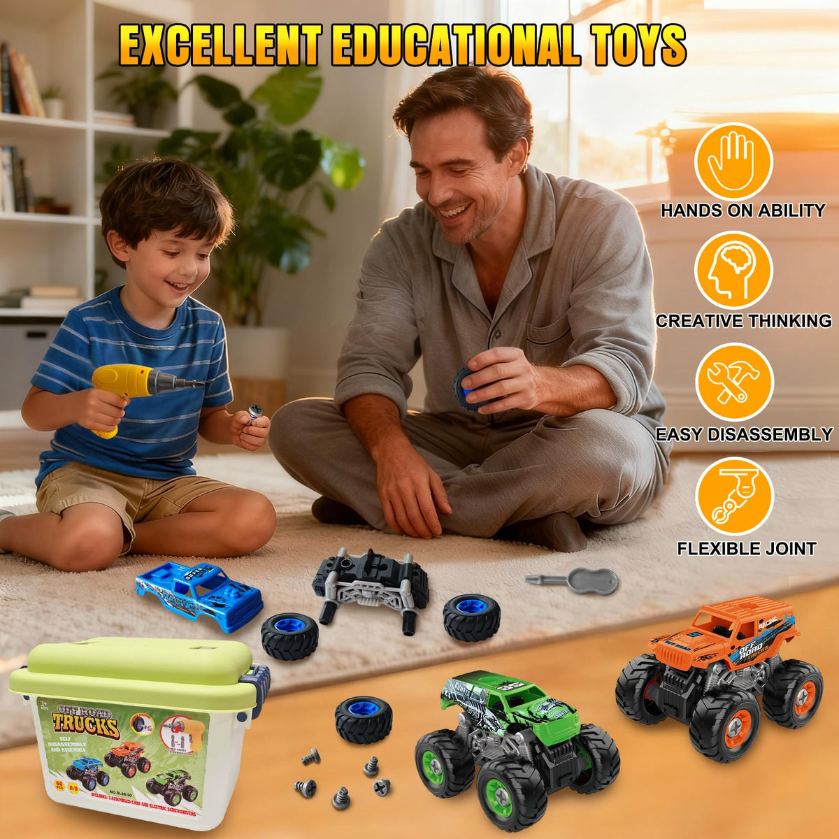 Bugrtarey electric drill assembly tool helping kids build and disassemble trucks.
