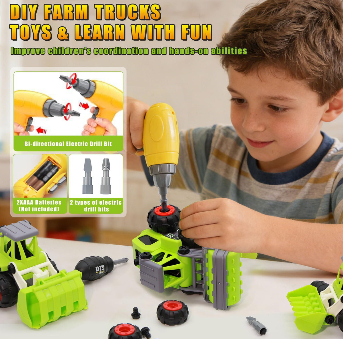 Bugrtarey Take Apart Farm Trucks Excavator: sturdy design supports durable farm play.