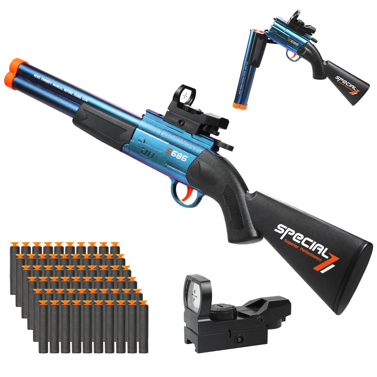Bugrtey double-barrel shotgun toy with 60 soft darts for safe outdoor play.