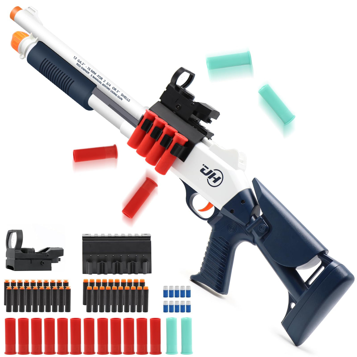 Bugrtey shell-ejecting toy shotgun front view shows safe foam ammo and reload realism.