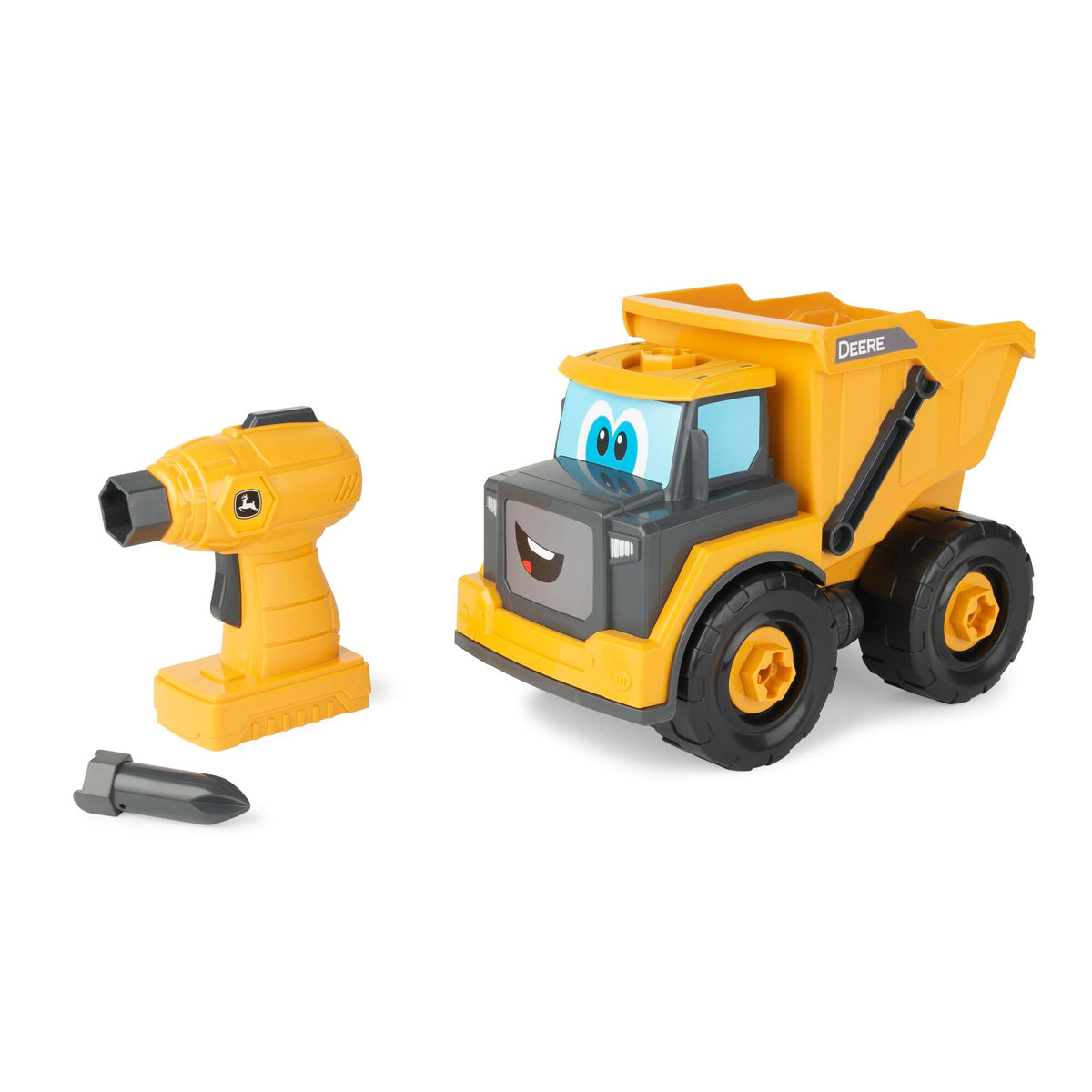 Build-A-Buddy John Deere Dump Truck parts shown for easy kid-friendly assembly.