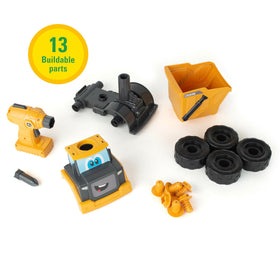 Build-A-Buddy John Deere Dump Truck push-along play on the floor.