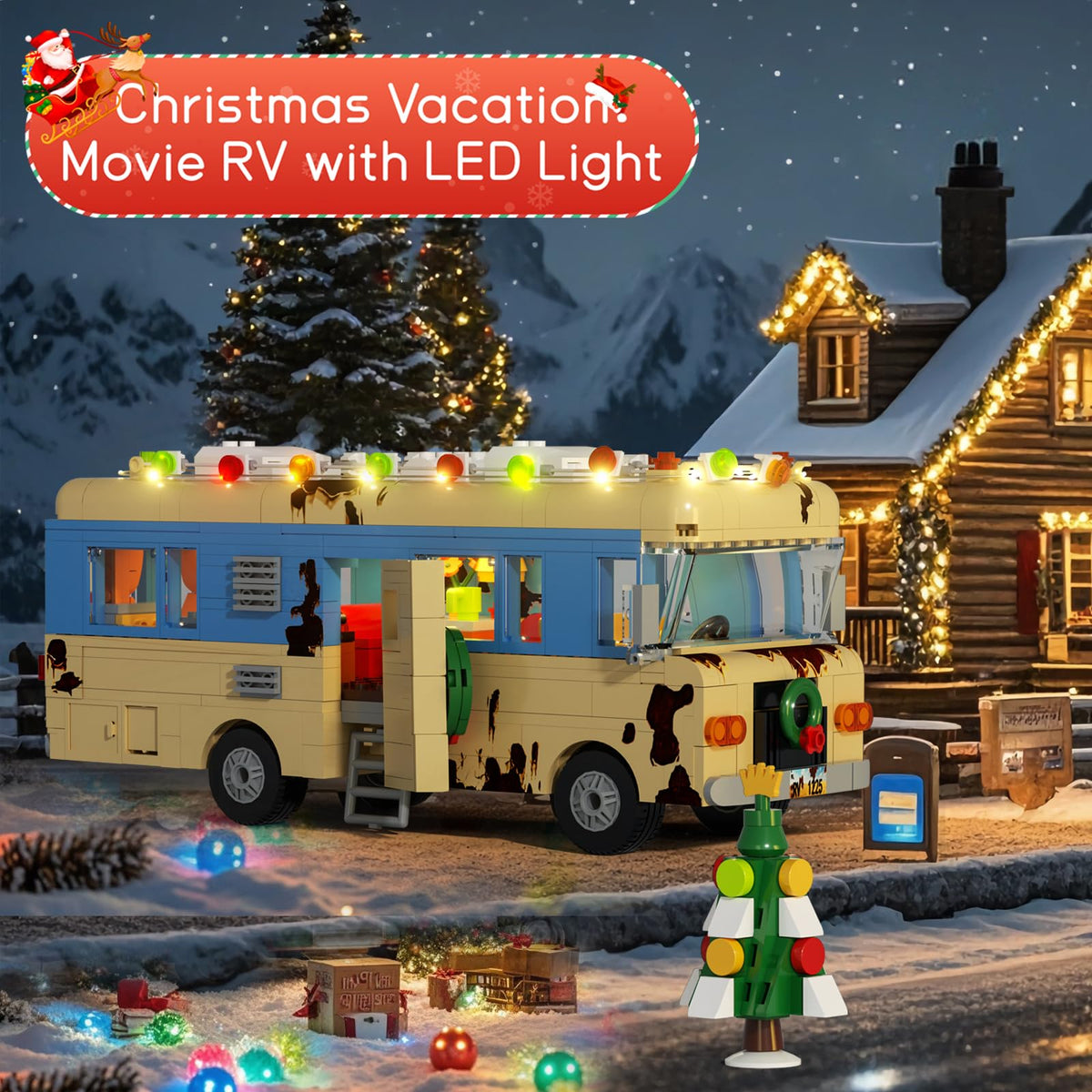 Buildify Eddie's RV snow camper van model featuring roof lights for festive display.