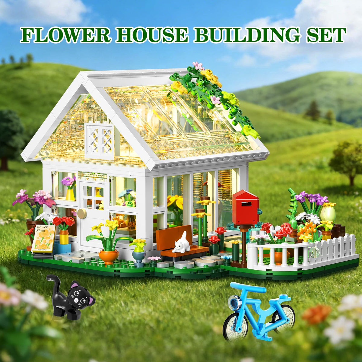 BUILDIFY Flower House LED interior detail with pots and plants for imaginative play.