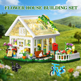 BUILDIFY Flower House LED interior detail with pots and plants for imaginative play.