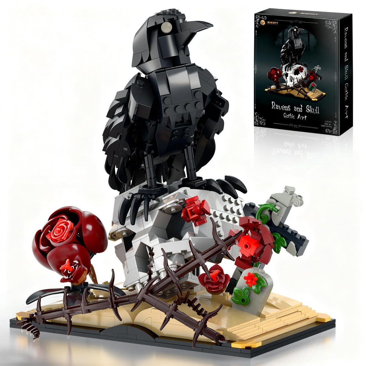 BUILDIFY Gothic Raven Skull Art Set — 758-piece display centerpiece for dramatic desk decor.