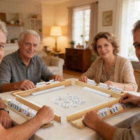 Buildopia solid wood Mahjong rack emphasizes table stability during rounds.