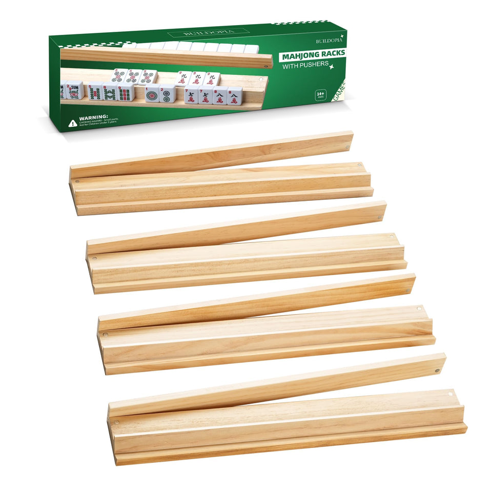 Buildopia wooden Mahjong rack with pushers, front view for smooth tile reveals during play.