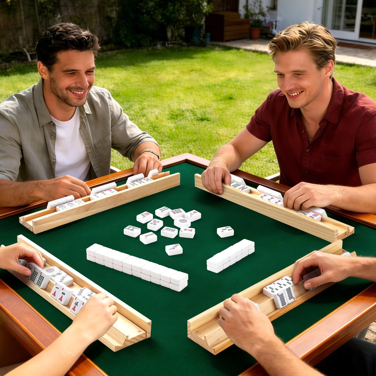 Buildopia wooden Mahjong racks complete set, ready to use for game night.