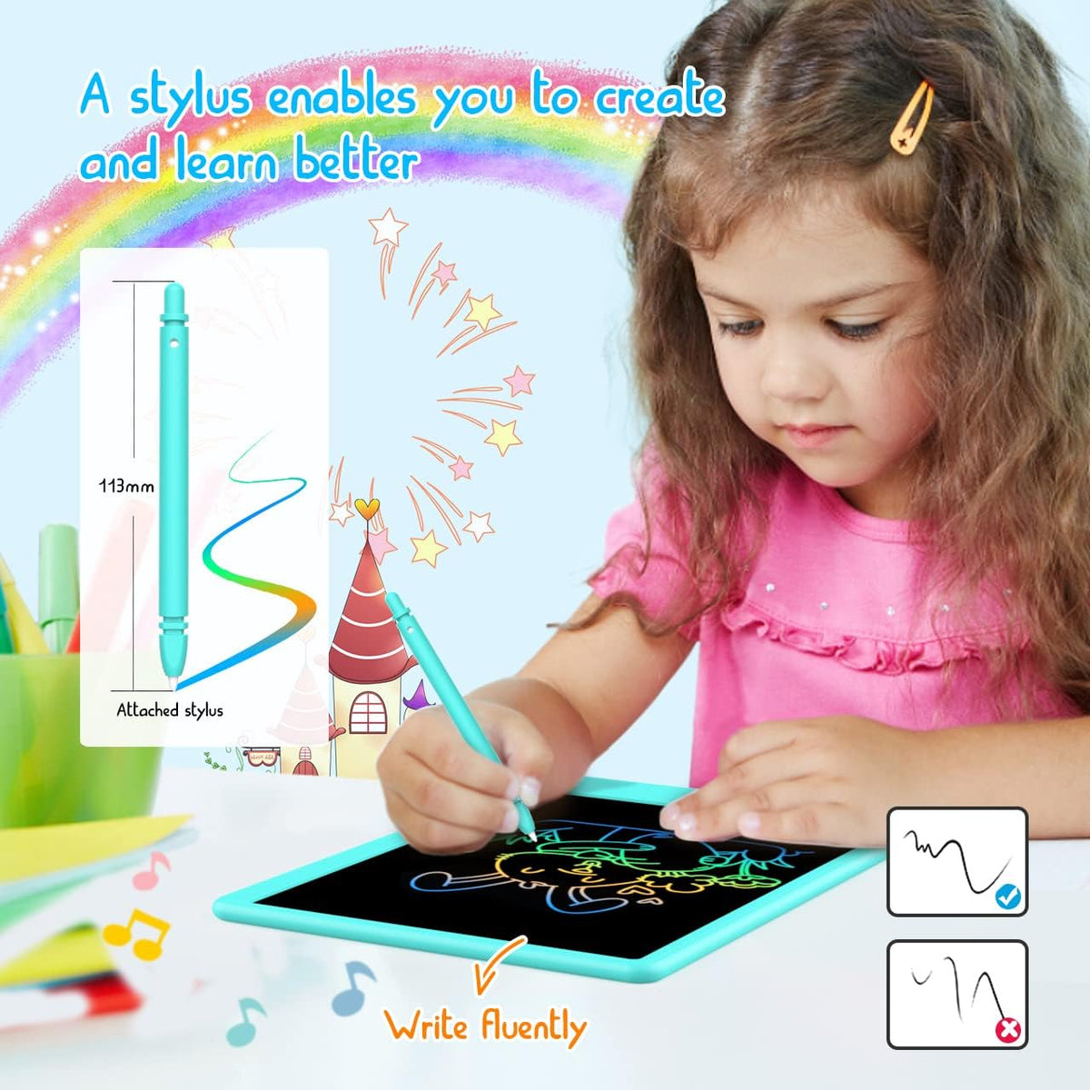BUKEBU color-draw on-screen demonstrates colorful lines for creative learning.