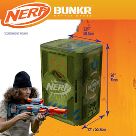 BUNKR zombie barricade set shown indoors and outdoors for versatile play spaces