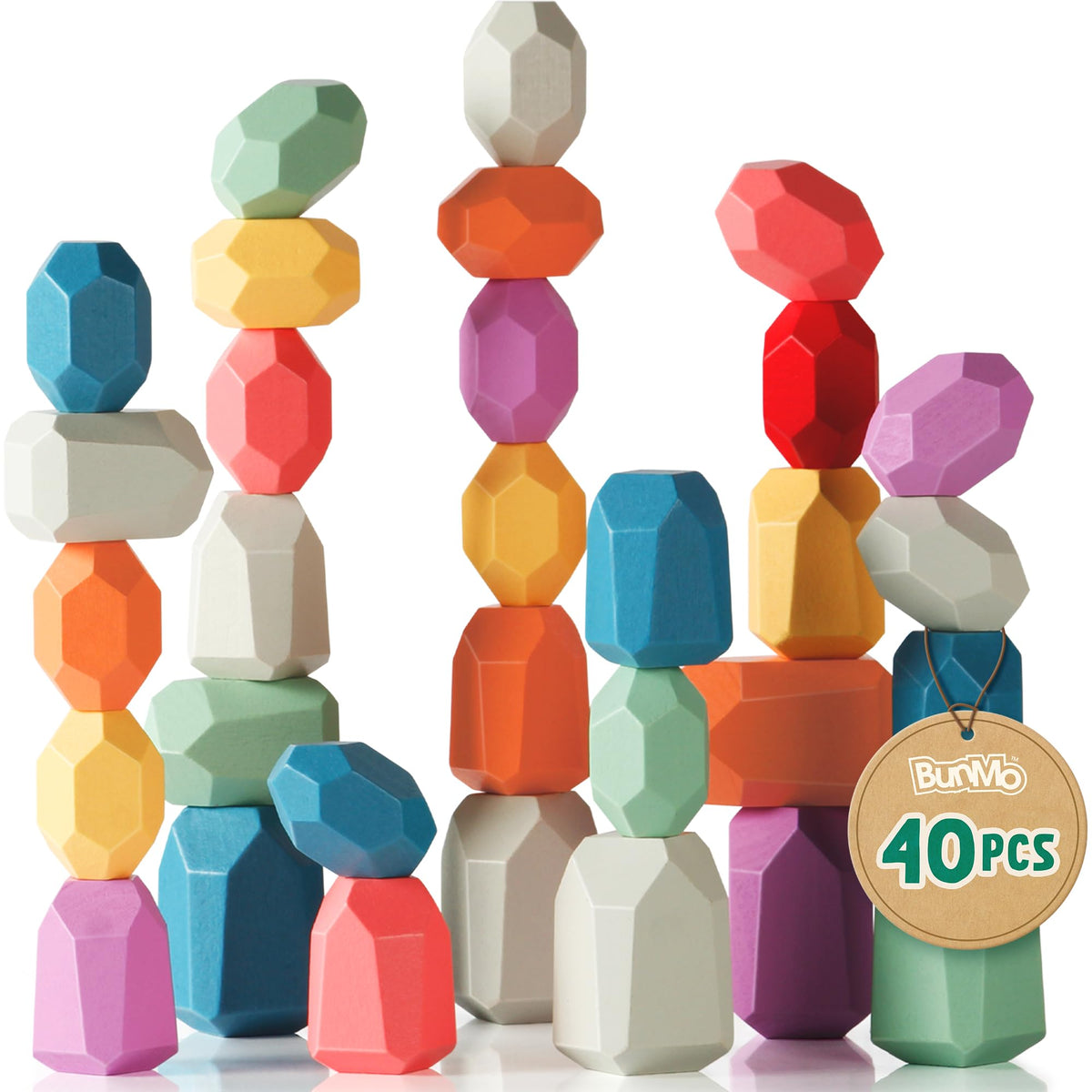 BUNMO 40 piece wooden stacking blocks arranged for colorful learning and fine motor practice
