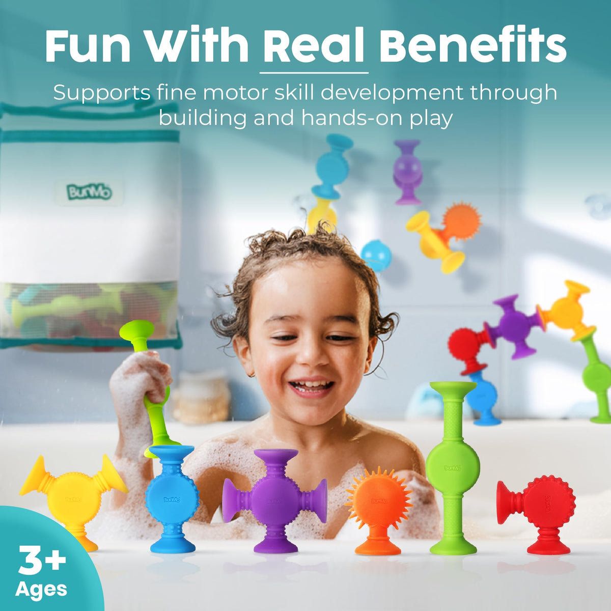 BUNMO suction toys come with a portable carry bag for on-the-go creativity.
