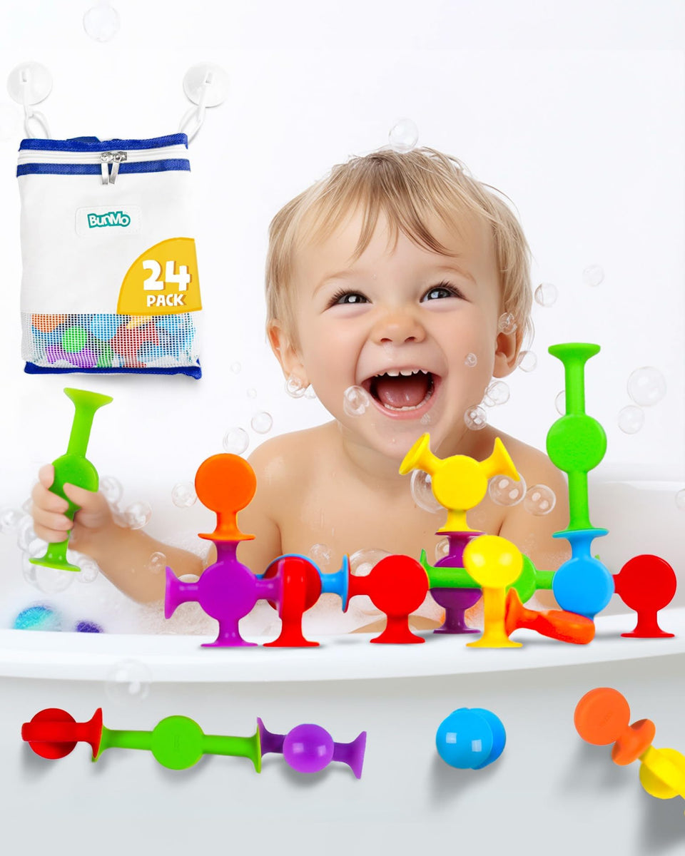 BUNMO bath toys with strong suction grip on tile for wall builds