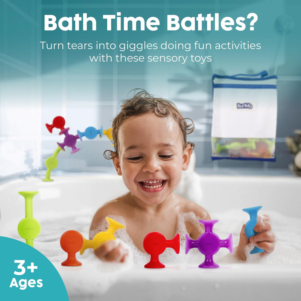 BUNMO travel-friendly bath toy set fits in a bag