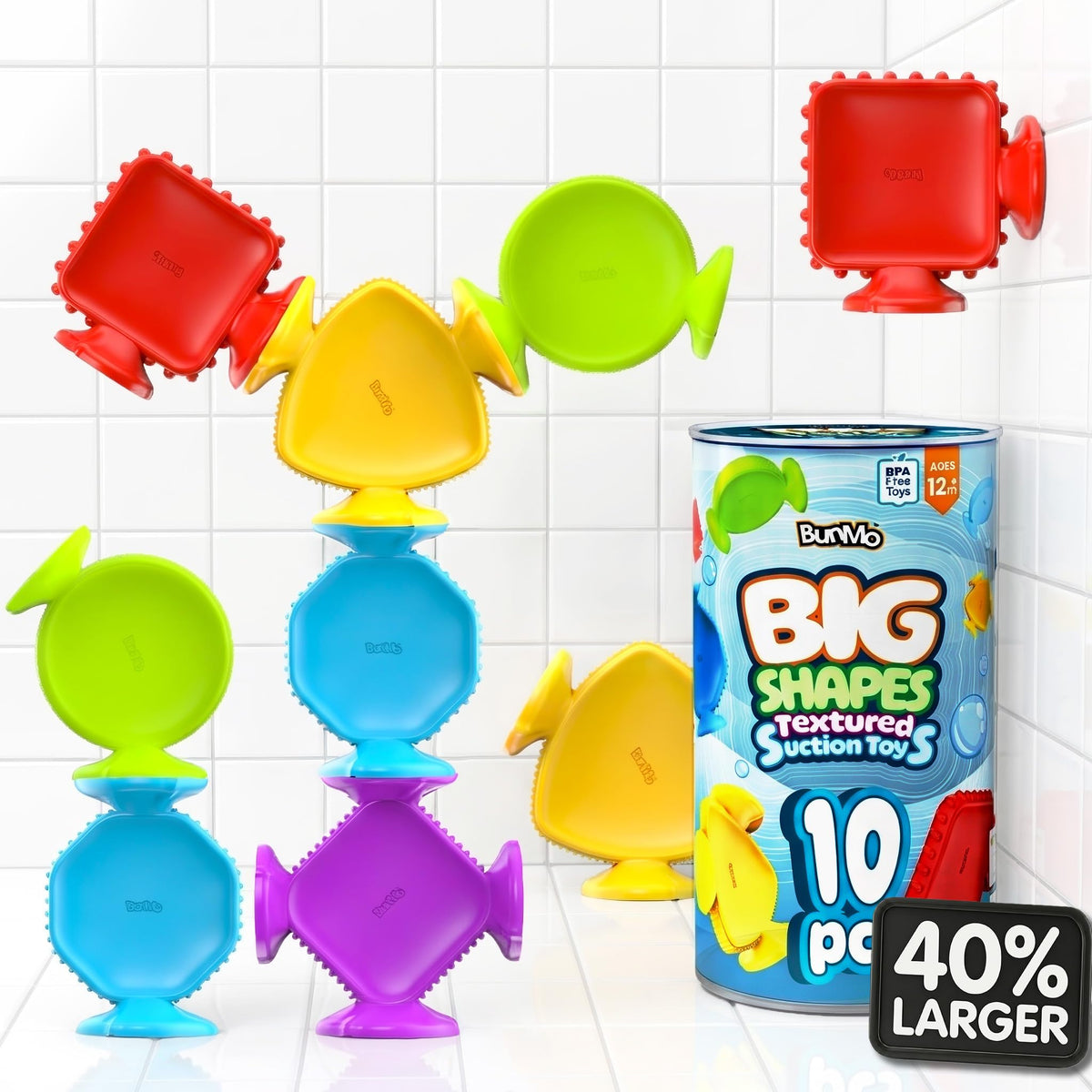 BUNMO big shapes textured bath toy with suction cups for toddlers, encouraging sensory play