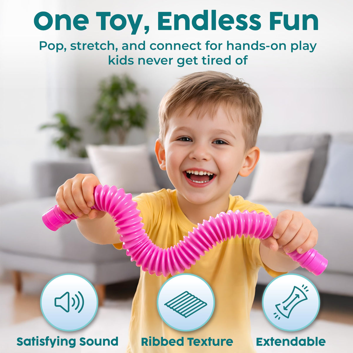 BUNMO Pop Tubes colorfully ridged tubes offer satisfying stretch and crinkle sounds for sensory play.
