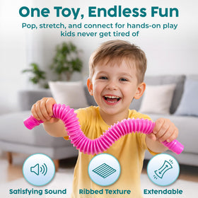 BUNMO Pop Tubes colorfully ridged tubes offer satisfying stretch and crinkle sounds for sensory play.