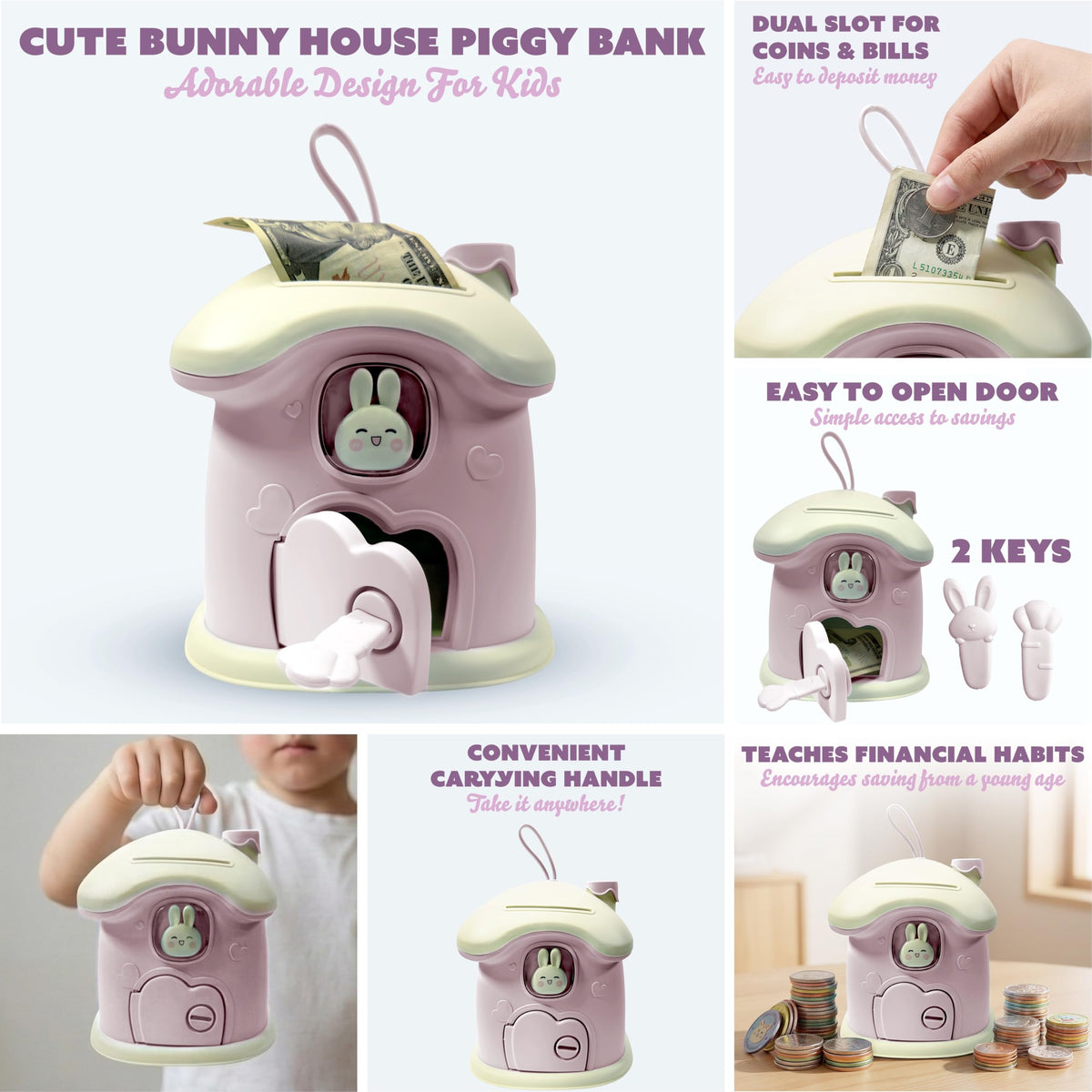 BunnyBank dual deposit slots enable easy coin and bill saving for kids.