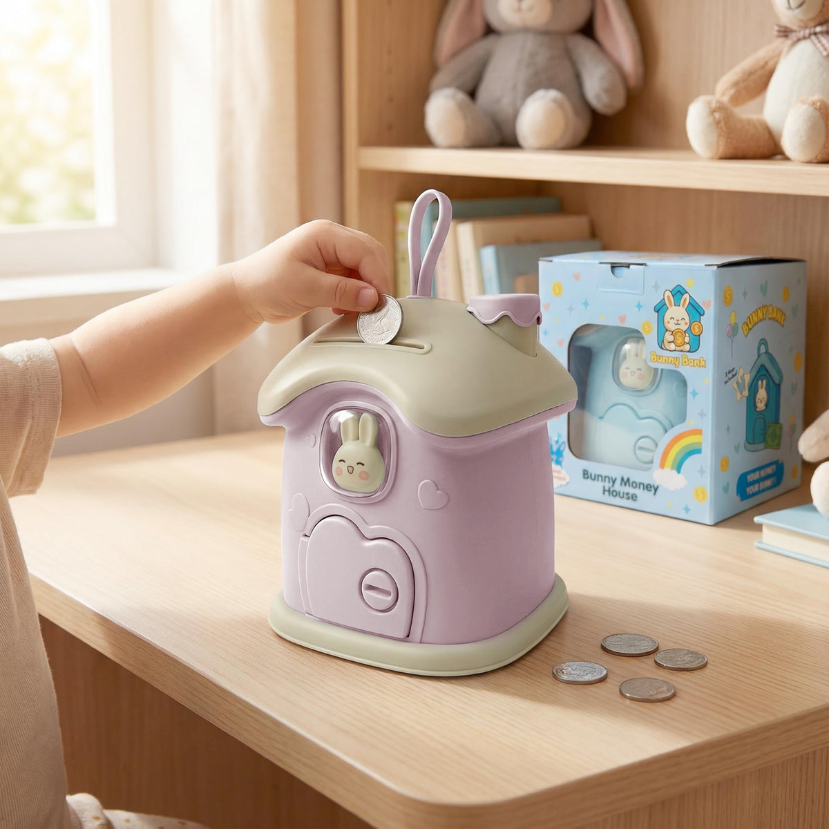 BunnyBank kid-friendly size fits shelves and small hands for growing savings.