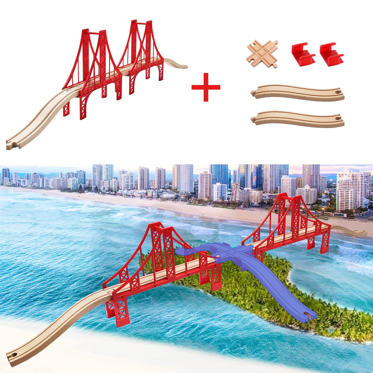 Bunu1492 double red suspension bridge highlights dramatic height for dynamic layouts.