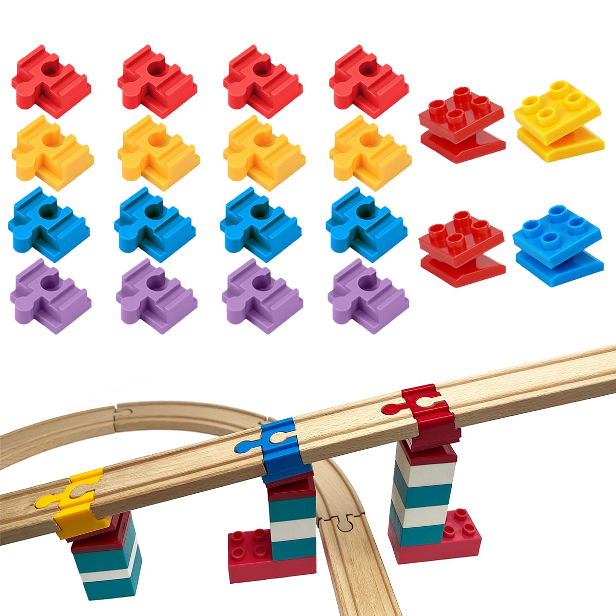 Bunu1492 wooden train track connectors in a 20-piece set for flexible track layouts.