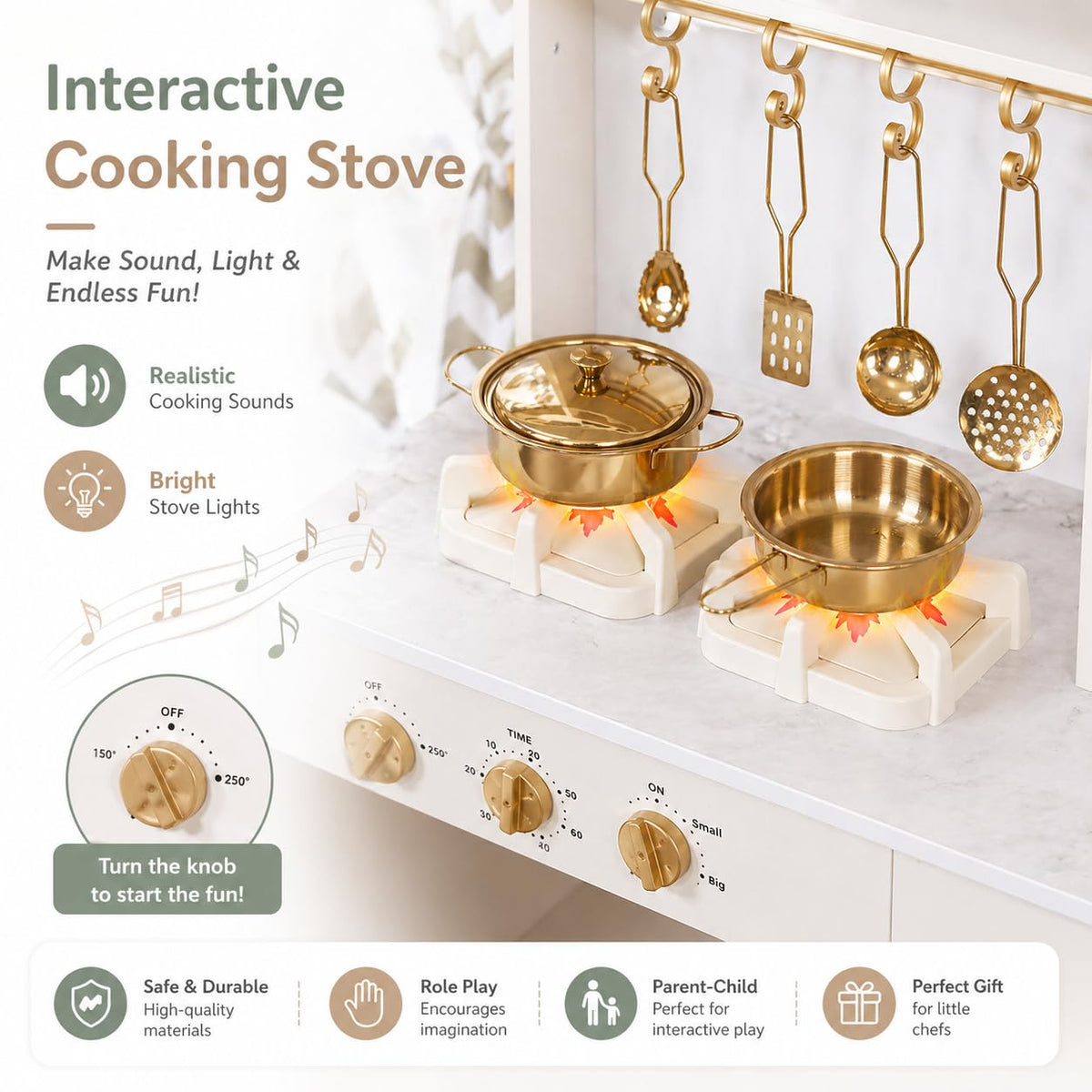 Buoyantkids wooden play kitchen stove with light and sound for dramatic cooking