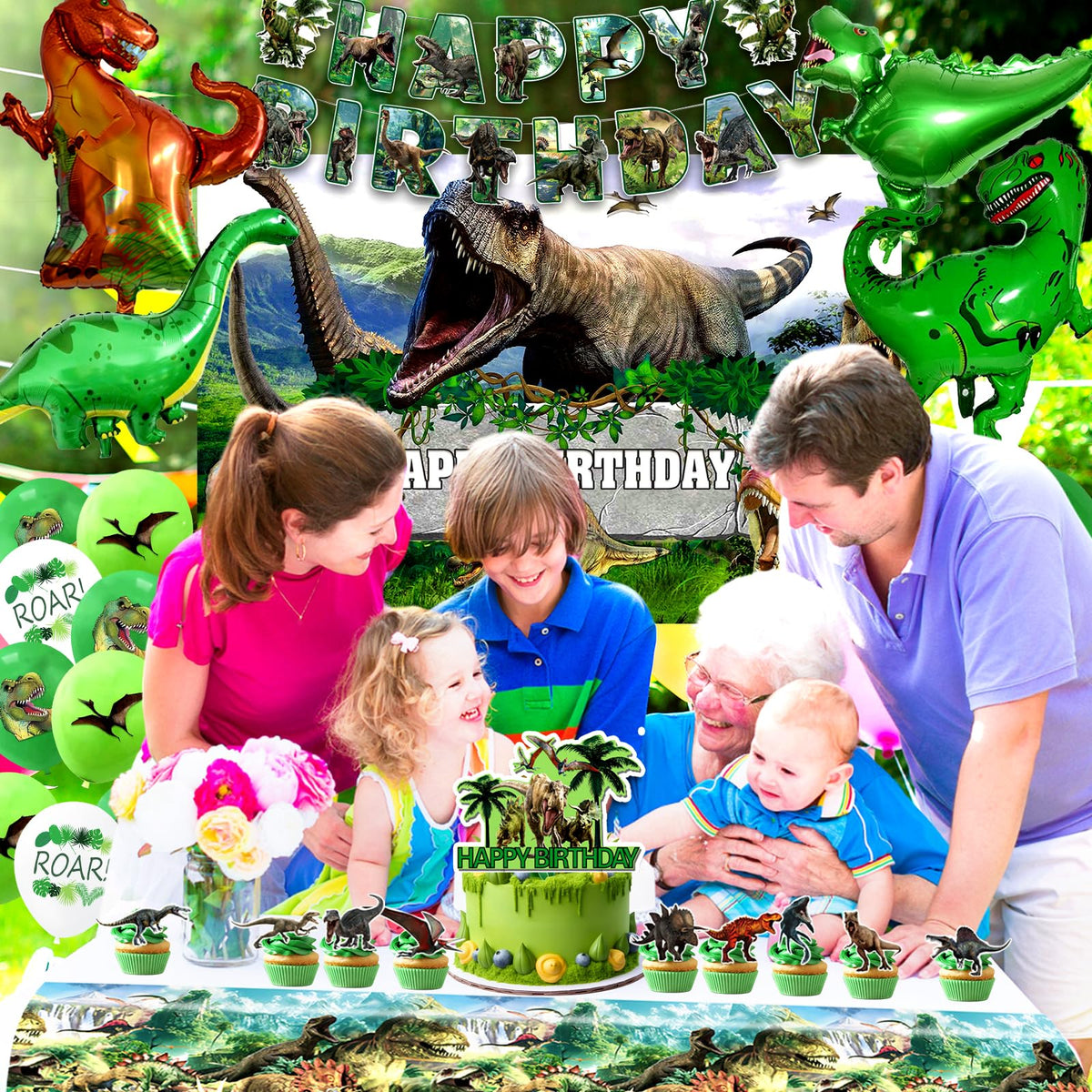 BUPASU dino tableware set includes plates, utensils, napkins, cups, and straws
