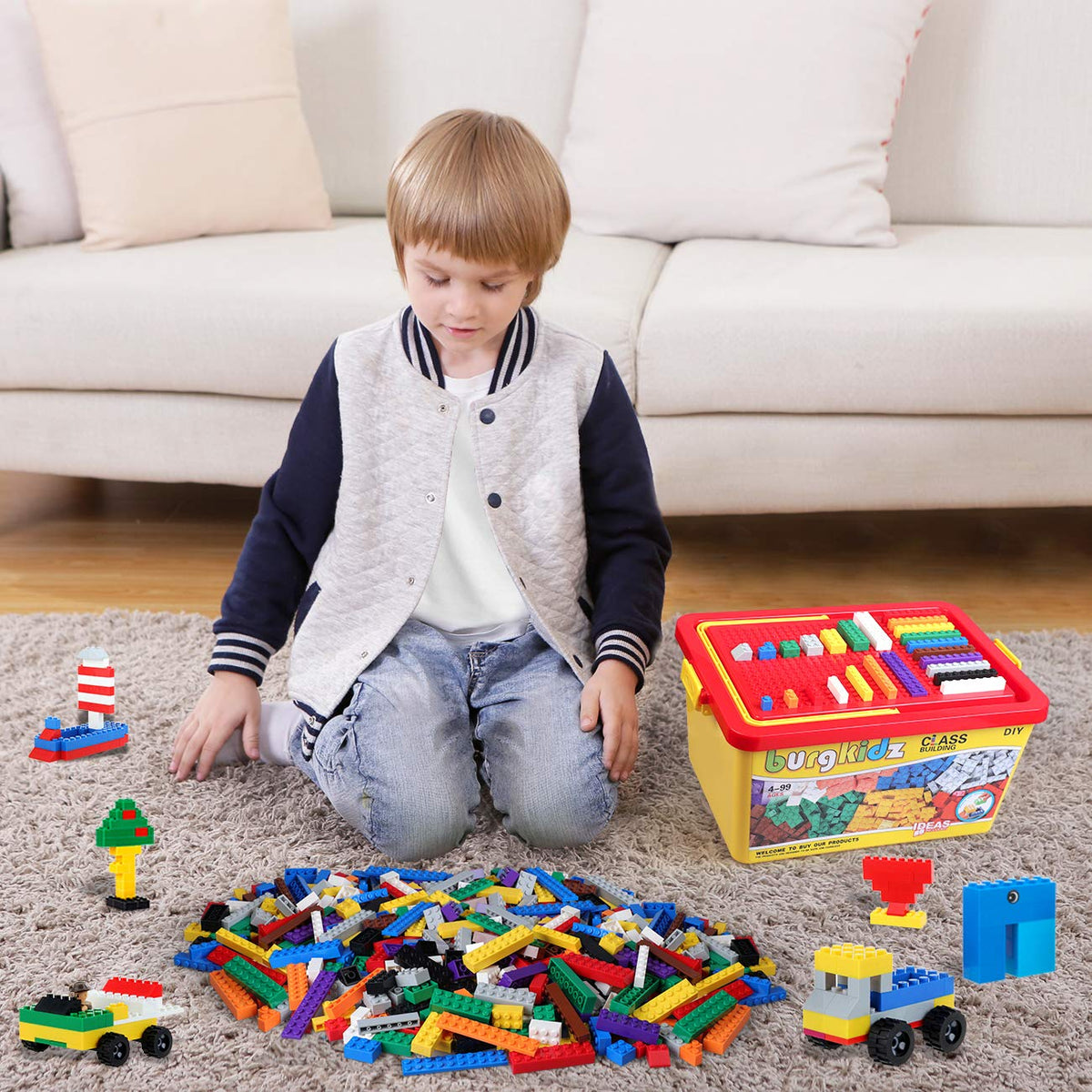 burgkidz Building Bricks storage bucket with secure lid keeps pieces organized.